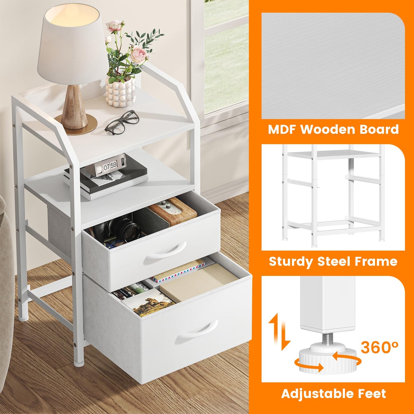 Feonase Bedside Table with 2 Fabric Drawers & Open Shelf - Sturdy Metal Frame Nightstand, Compact End Table for Bedroom, Living Room, Small Spaces
