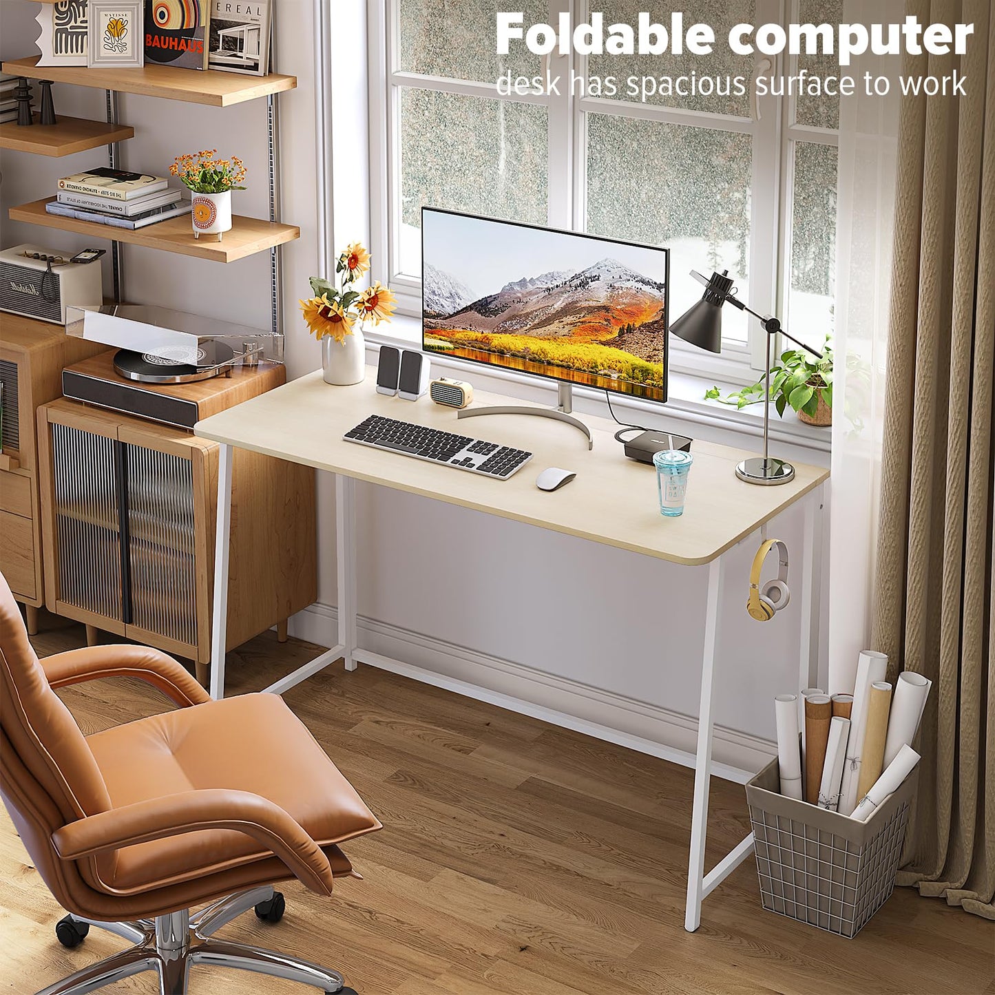 WOHOMO Folding Desk, 120cm Computer Foldable table for Work, Beige