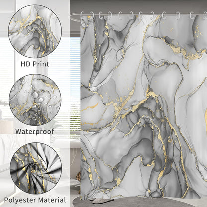 Hnmdmyi Marble Shower Curtain 90x180, Grey Gold Abstract Marble Bathroom Curtains Luxury Modern Aesthetic Art Ink Texture Waterproof Polyester Fabric