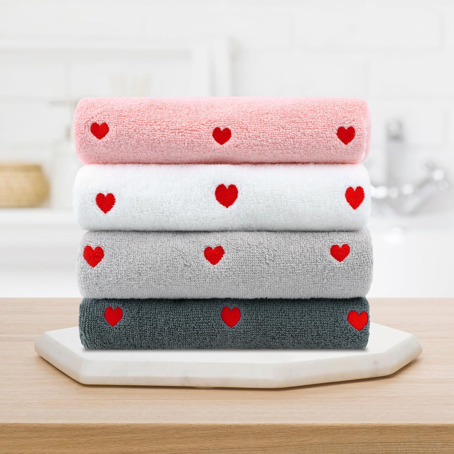 HMETOL Valentine's Day Cotton Letter Heart Love Pattern Hand Towels