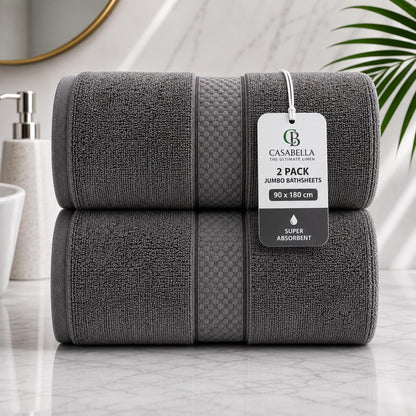 Casabella CB 2 Piece Jumbo Bath sheets 100% Combed Cotton Extra Large Bath Towel bale set super Absorbent Soft Grey 2 Pack 90X180 CM Bath sheets