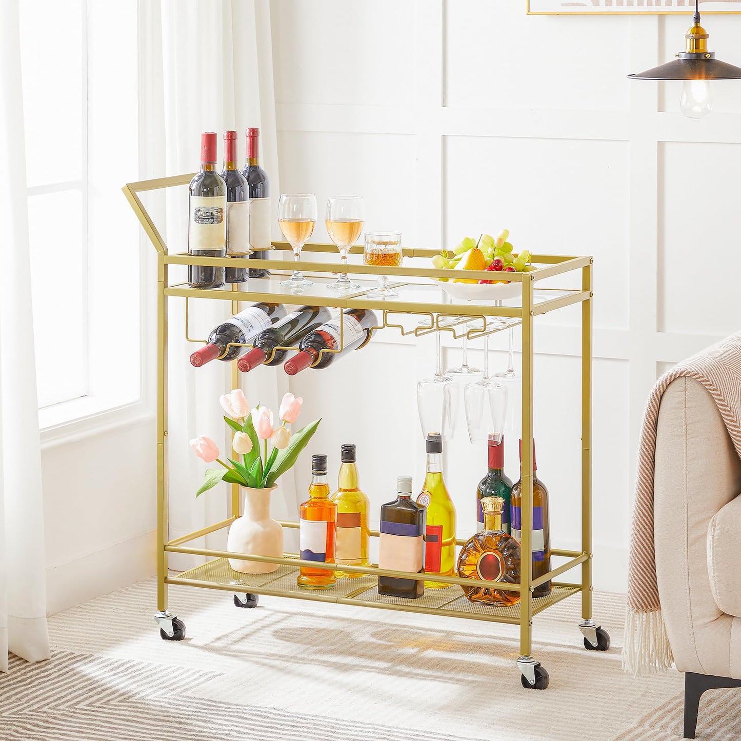 HOOBRO Drinks Trolley Gold, Bar Cart, Bar Trolley, Kitchen Trolley on Wheels, Serving Trolley with Glass Shelf, Wine Rack and Glass Holder, Home Bar