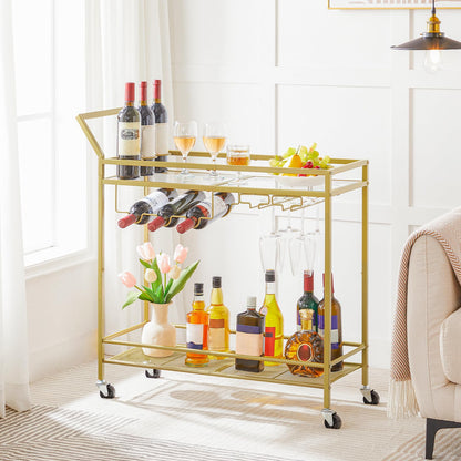 HOOBRO Drinks Trolley Gold, Bar Cart, Bar Trolley, Kitchen Trolley on Wheels, Serving Trolley with Glass Shelf, Wine Rack and Glass Holder, Home Bar