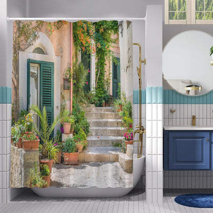 Street Scenery Shower Curtain with Old Stone House and Flower Picture Lightweight Quick-dry Cloth Bathroom Curtain with Hooks Tall Floral Shower