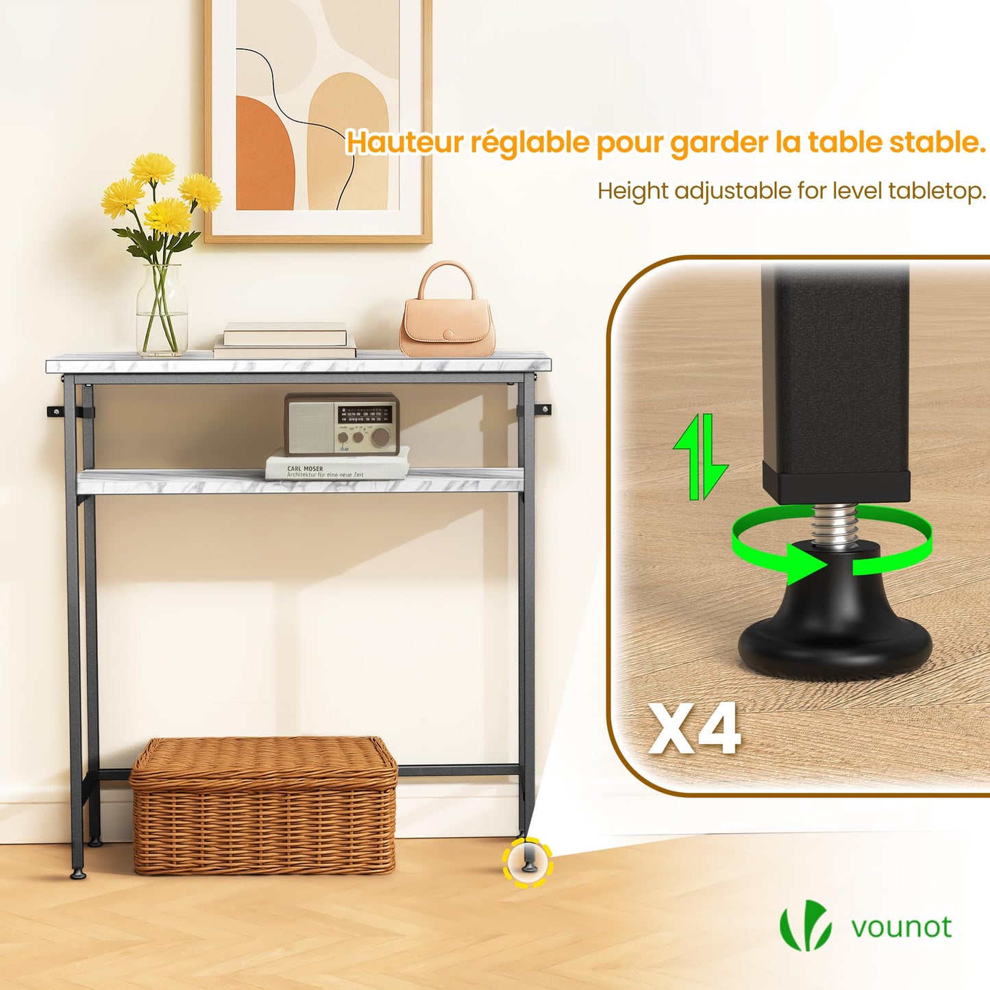 VOUNOT® Narrow Console Table, 2- Tier Slim Metal Frame Entryway Table, Small Sofa Side Table with Storage Shelf for Hallway, Living Room or Bedroom