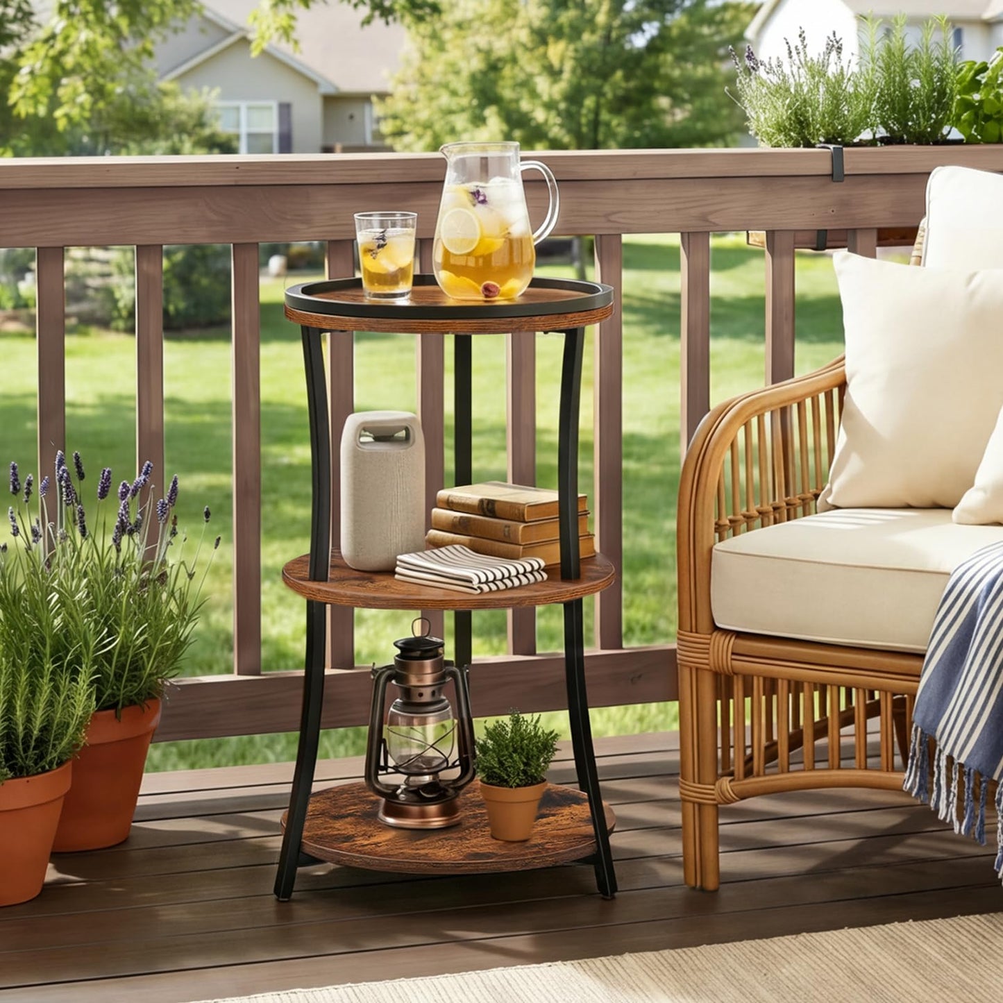 MAHANCRIS Round Side Table, 3-Tier Small End Table with Raised Edge, Nightstand with Storage Shelves, Industrial Coffee Table, for Living Room