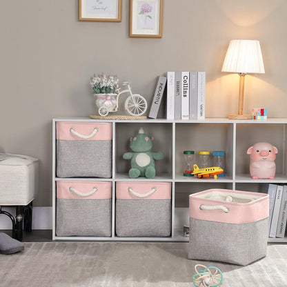 Mangata Canvas Storage Boxes, 30x30x30cm Fabric Storage Baskets for Shelves Organizing Clothes Nursery Home (Grey/Pink, Set of 4)