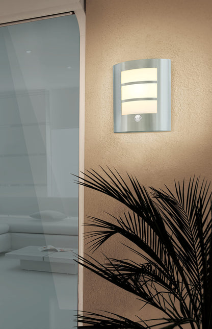 Eglo City Outdoor Motion Sensor Wall Light, White and Silver Stainless Steel External Porch Lighting, Exterior Lamp, E27 Socket, IP44