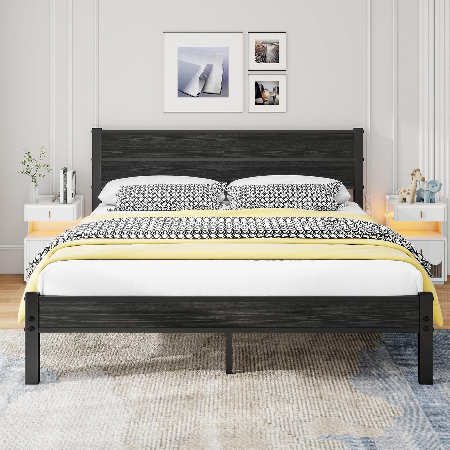 DUMEE King Size Bed Frame with Wooden Headboard Bed Frames King Size Under Bed Storage, No Box Spring Needed, Enhanced Support (Black Oak)