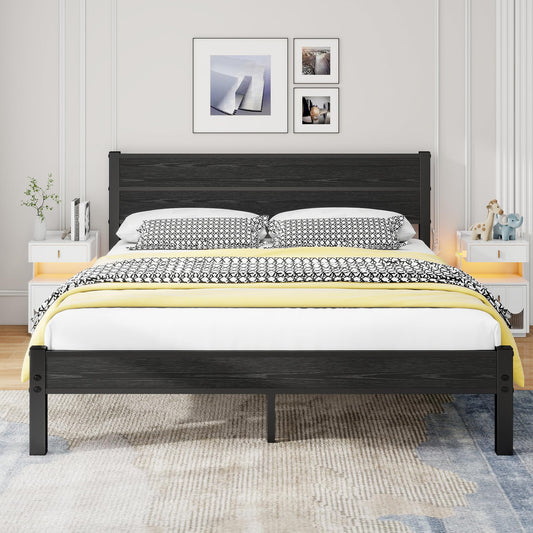DUMEE King Size Bed Frame with Wooden Headboard Bed Frames King Size Under Bed Storage, No Box Spring Needed, Enhanced Support (Black Oak)