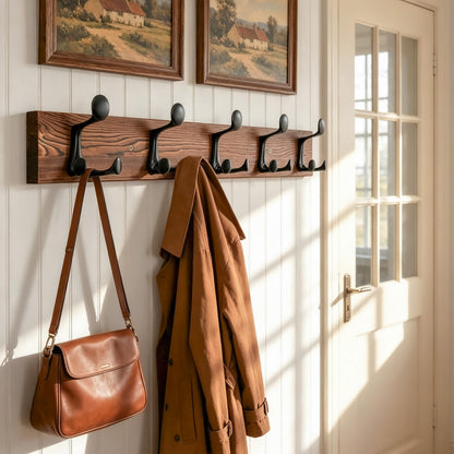 HONSKY Wall Mounted Coat Rack, 76cm Rustic Brown, 5 Black Sturdy Aluminium Alloy Triple Hooks(15 Hanging Points), Wall Coat Hanger for Entrance Hall