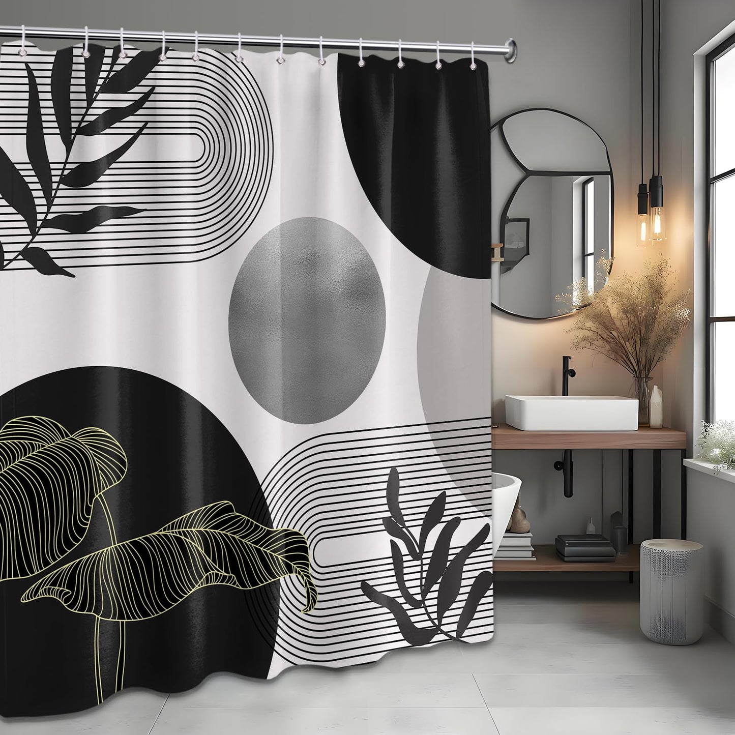 LanZanthic Black and White Boho Shower Curtains for Bathroom Dark Grey Mens Mid Century Modern Wet Room Shower Curtain with hooks