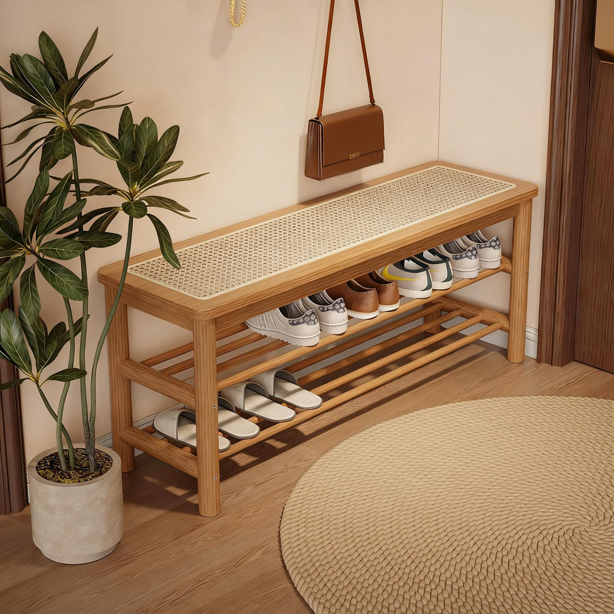 SOBIBO Bamboo Shoe Rack Bench with Rattan Seat, 3-Tier Shoe Storage Bench, Entryway Bench for Hallway,Nature-39.4 inches