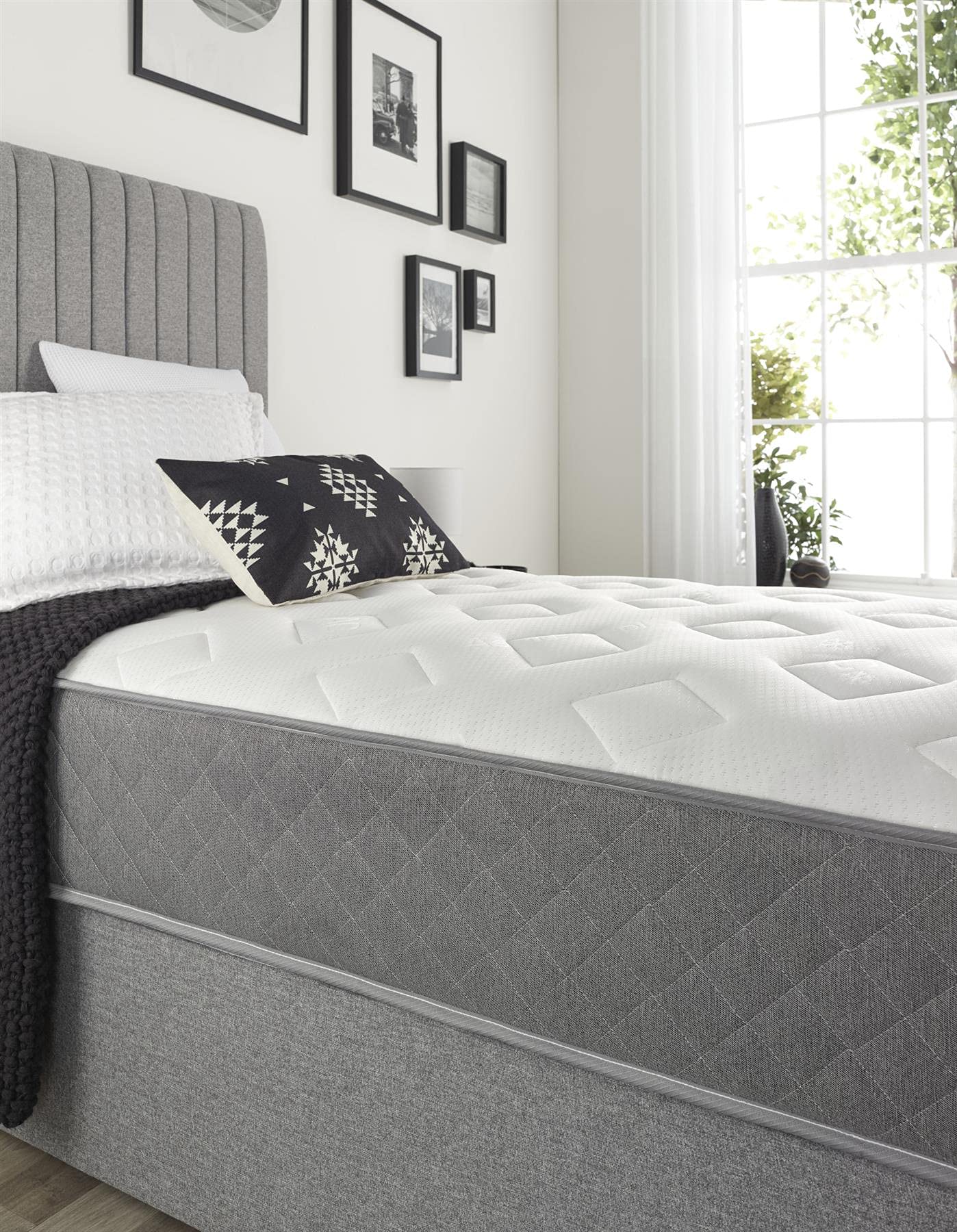 Aspire Beds 3 Comfort Layers Aspire-Cool Touch Diamond Memory Foam & Bonnell Sprung Hybrid Mattress, Grey Hessian Border, 5ft King Size (5ft x 6ft6)