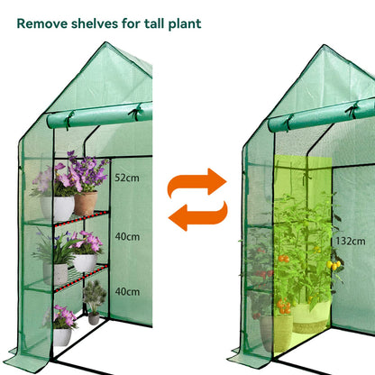 Grandhom Walk In Greenhouse With Shelves,Walk-In Plant Plastic Green House With Durable Green PE Cover, 3 Tiers 6 Shelves Greenhouse Frame Stands with