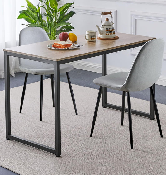 Hallowood Furniture Kempley Small Dining Table and 2 Chairs Set, Rectangular Kitchen Table and Chairs in Light Grey Fabric and Black U-Shaped Metal