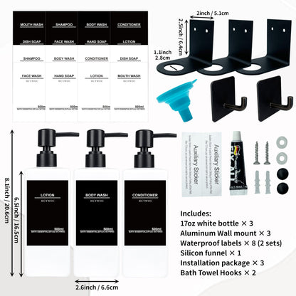 HCYWOC Shampoo and Conditioner Dispenser, No Drill, 16 Waterproof Labels