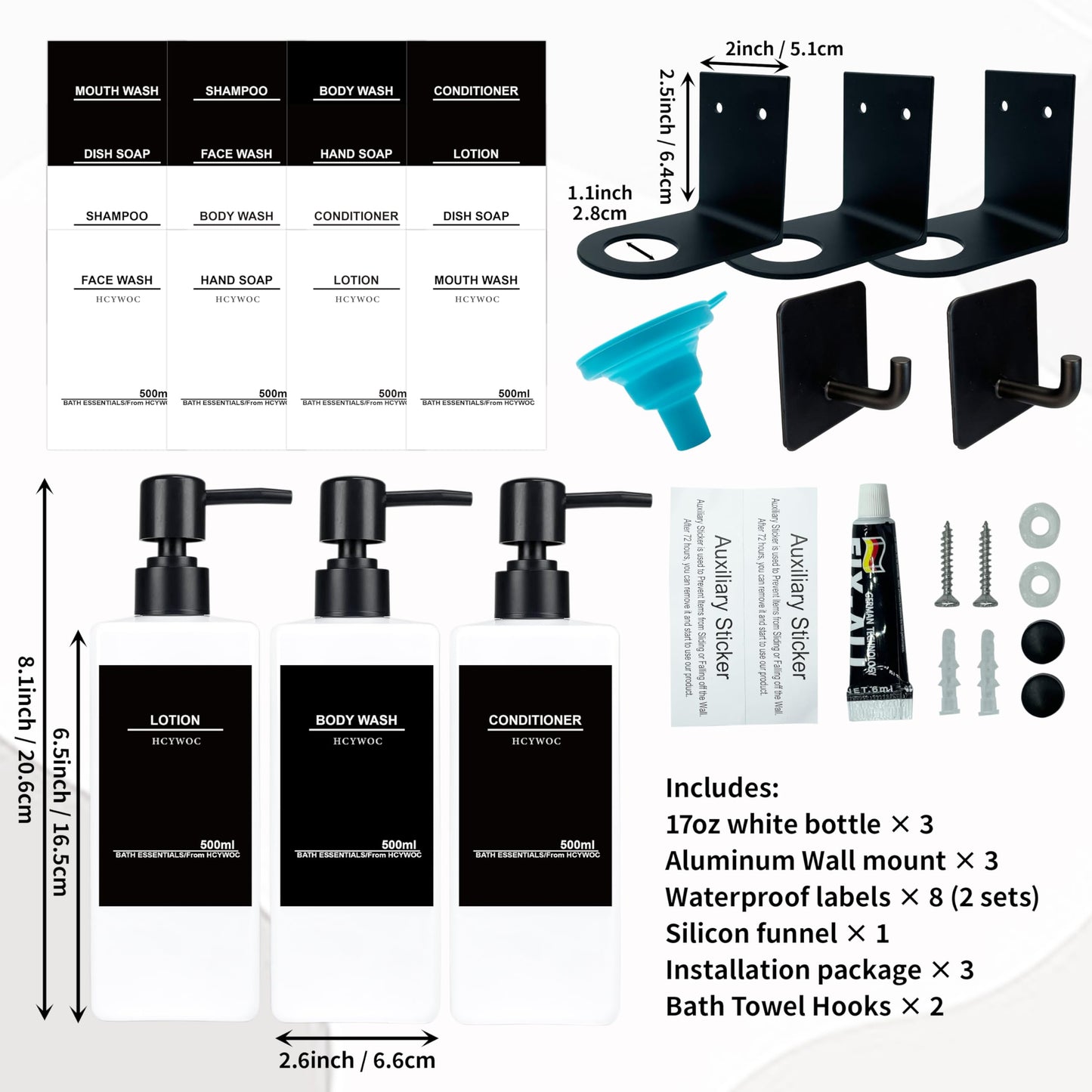 HCYWOC Shampoo and Conditioner Dispenser, No Drill, 16 Waterproof Labels
