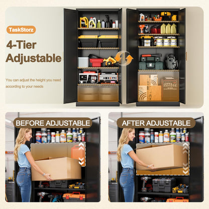 Tall Kitchen Cupboard, 180cm Metal Storage Cabinet, Black, 180*70*35cm
