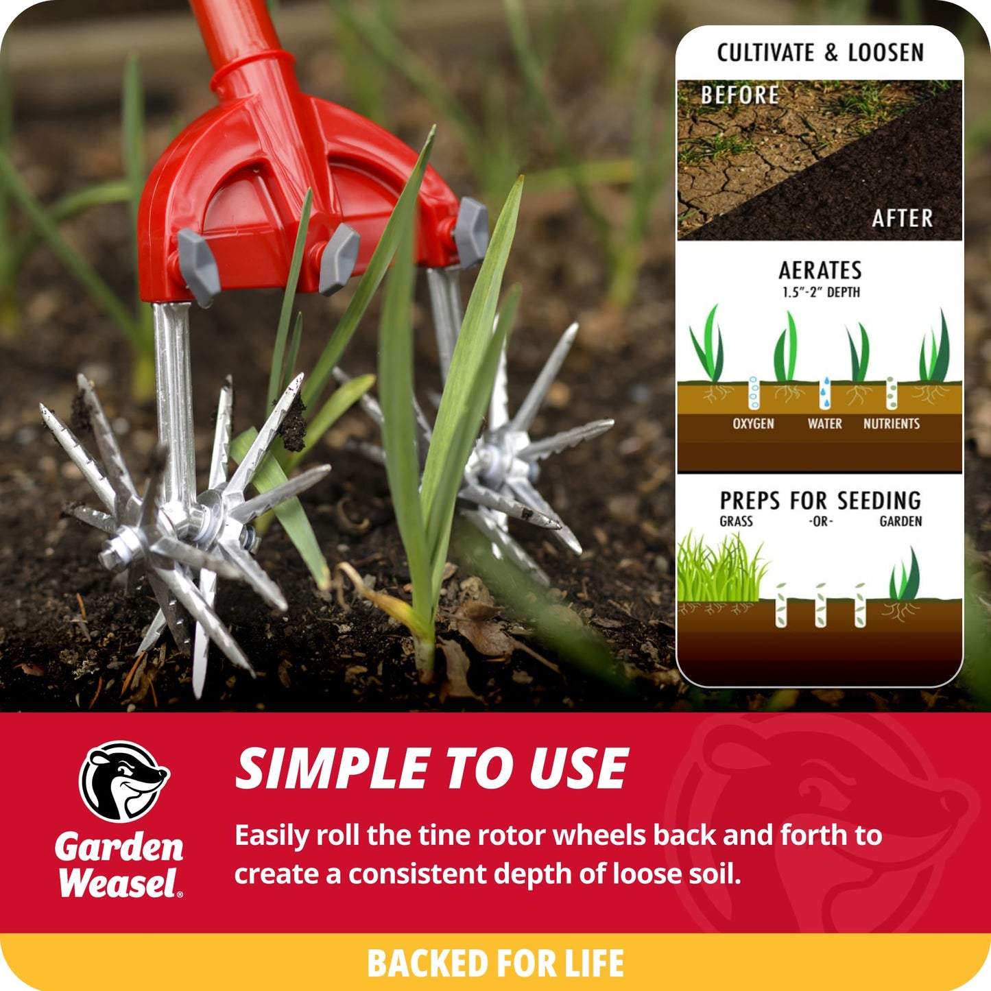 Garden Weasel Rotary Cultivator & Hand Tiller - 2-in-1 | Aerate, Weed, Cultivate, Plant, Reseed | Lawn Reseeding Garden Tool, Garden Soil Loosener |