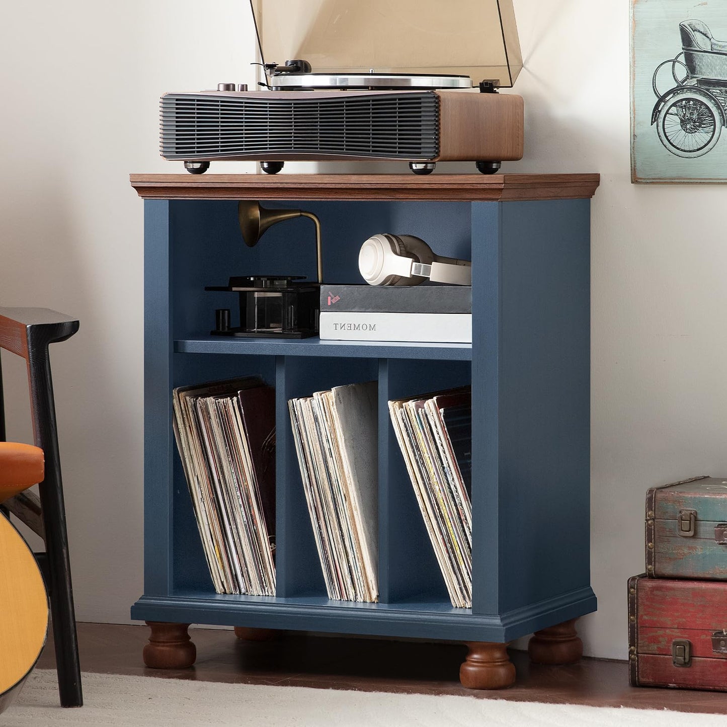 LELELINKY Large Record Player Stand with Vinyl Record Storage, 24" Wide Wood Turntable Stand, Mid-Century Record Player Table Up to 200 Albums
