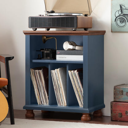 LELELINKY Large Record Player Stand with Vinyl Record Storage, 24" Wide Wood Turntable Stand, Mid-Century Record Player Table Up to 200 Albums