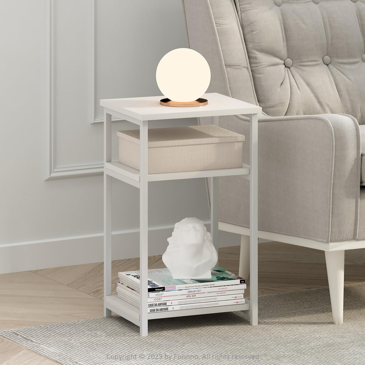 Furinno JUST Side Table, 3-Tier Metal Frame End Table with Open Shelf, Night Stand, Bedside Table, for Living Room, Bedroom, White
