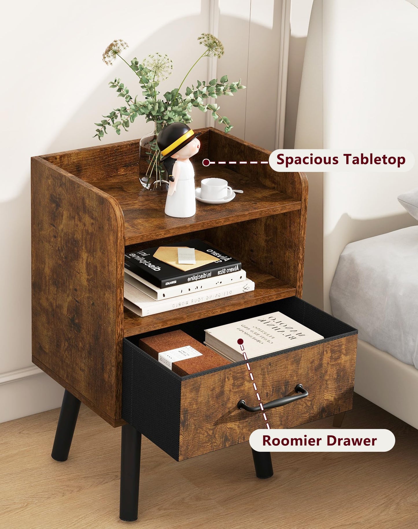 YMYNY Bedside Table Set of 2, Nightstand, Side Table, Wooden Sofa End Table with Fabric Drawer, Open Shelf, Solid Wood Legs, 39x29x63 cm, for Bedroom