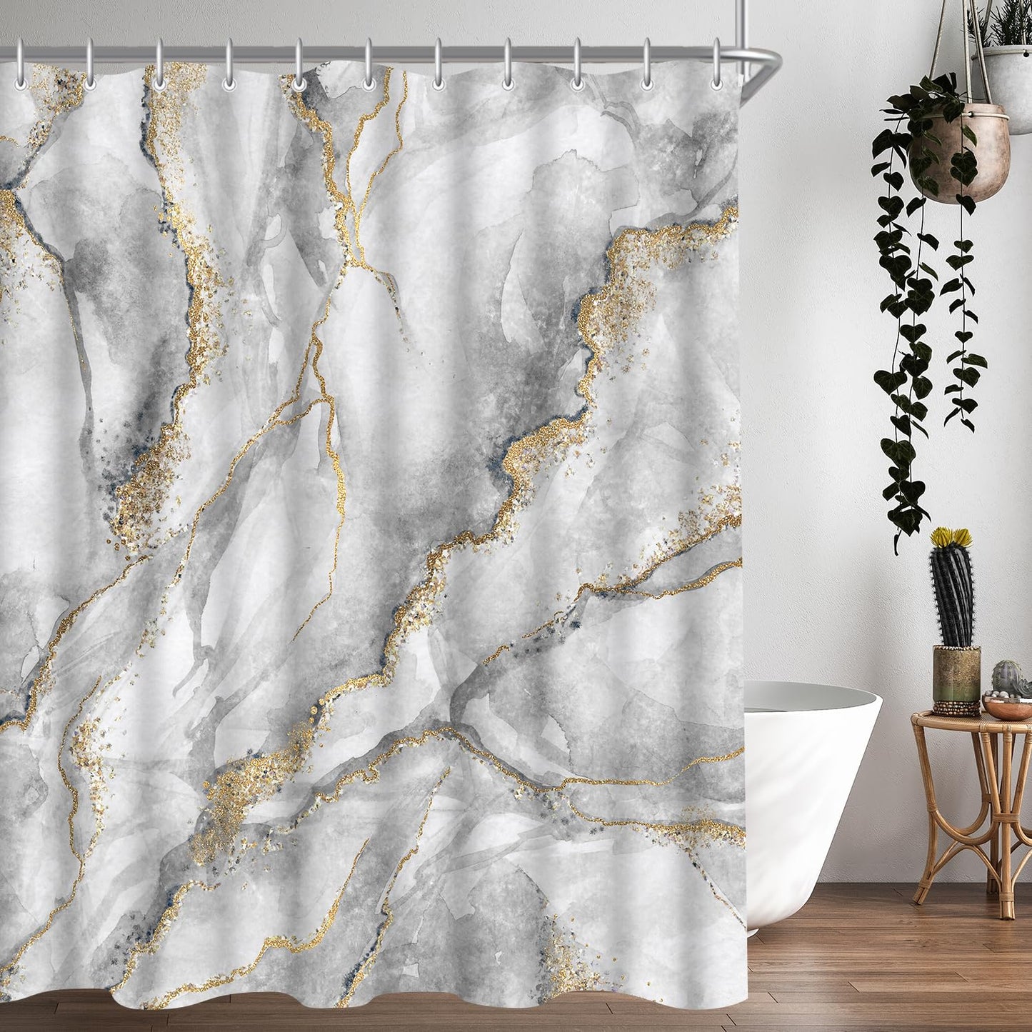 Lerores Shower Curtain, 180 x 200 cm, Marble, Weighted Hem, Anti-Mould Textile, Water-Repellent, Washable Polyester Bath Curtains with 12 Eyelets and