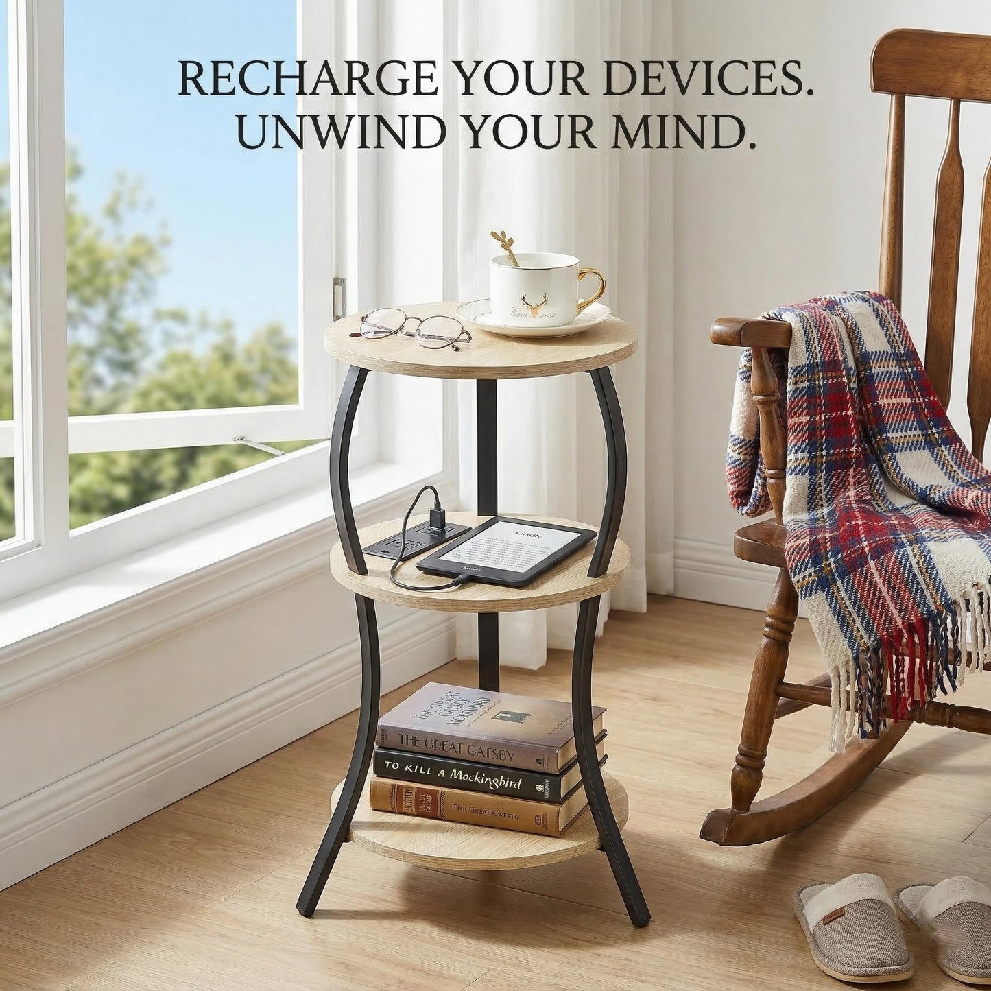 YEAKOO Small Side Table with Charging Station,3-Tier Round end Table
