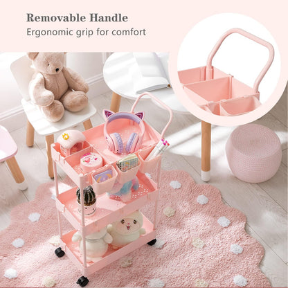 danpinera 3-Tier storage trolley, storage trolley on wheels, beauty trolley with Dividers & Hooks & Hanging Cups, kitchen trolley