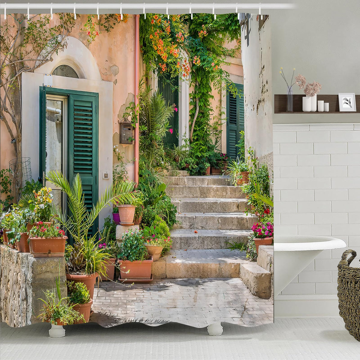 Street Scenery Shower Curtain with Old Stone House and Flower Picture Lightweight Quick-dry Cloth Bathroom Curtain with Hooks Tall Floral Shower