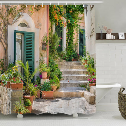 Street Scenery Shower Curtain with Old Stone House and Flower Picture Lightweight Quick-dry Cloth Bathroom Curtain with Hooks Tall Floral Shower
