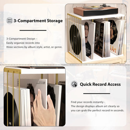 Emfogoo Vinyl Record Storage, Metal & Wooden Vinyl Record Holder Up to 80 LP Albums, 3-Compartment Record Player Stand for Magazine, Book, Files