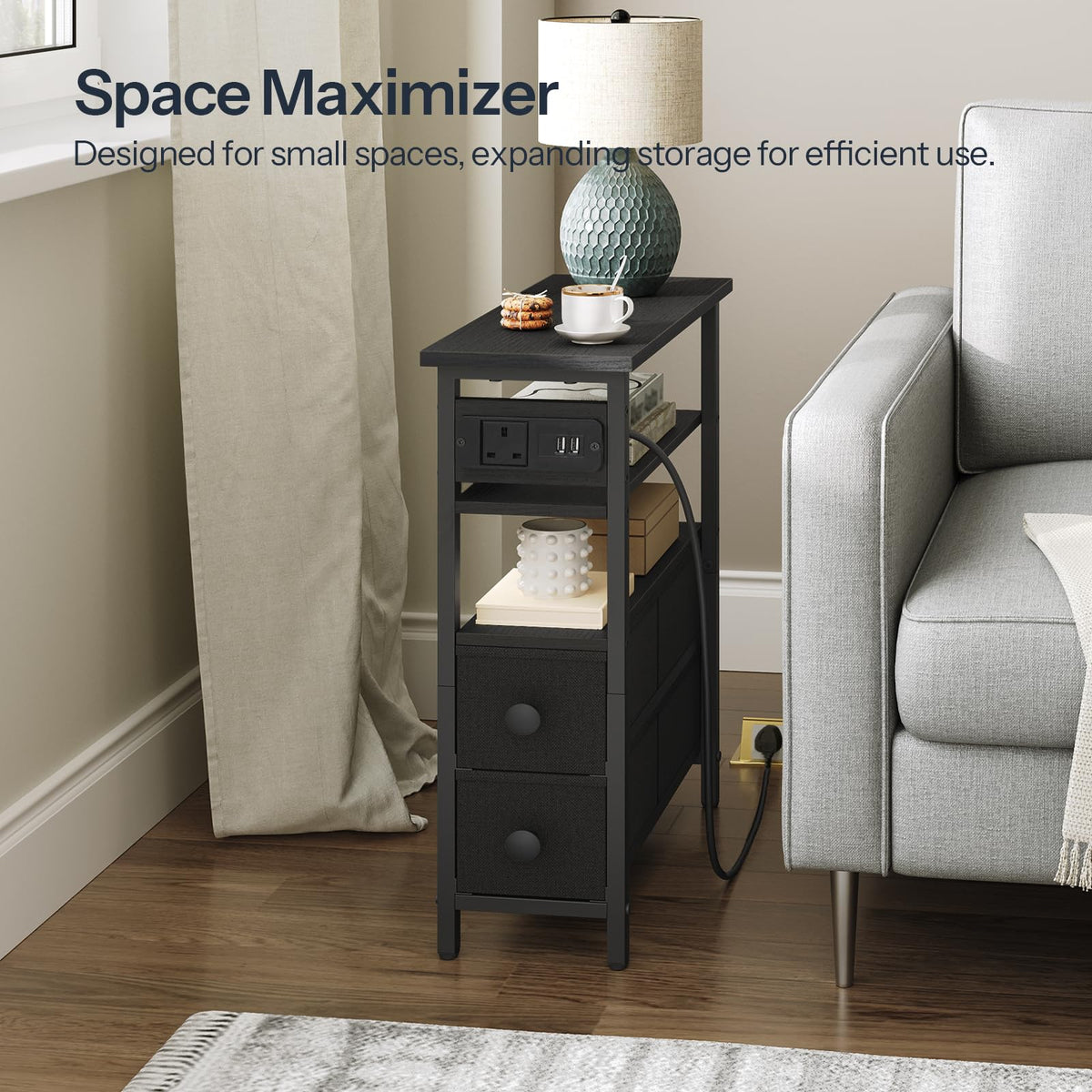 HOOBRO Side Table with Charging Station, Narrow Side Table with 2 Non-Woven Drawers, USB Ports and Power Outlet