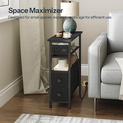 HOOBRO Side Table with Charging Station, Narrow Side Table with 2 Non-Woven Drawers, USB Ports and Power Outlet