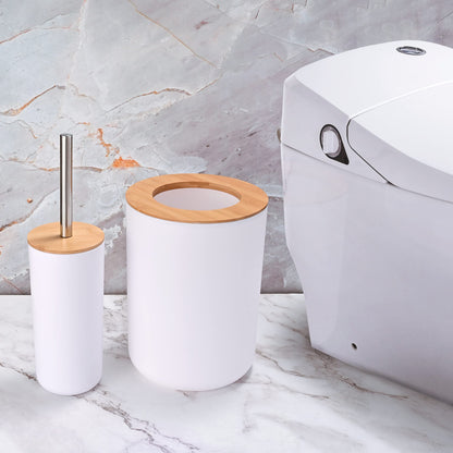 Yorkmills Bamboo Bathroom Accessories, 6 Pieces White Bathroom Accessory set, Bathroom Bin Toilet Brush Set, Durable Toothbrush Holder Cup
