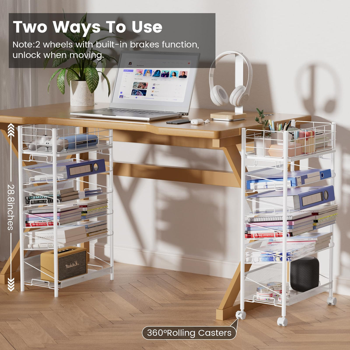 Mobile File Cart with Wheels, 6 Tier Metal File Cart Beside Desk, Mobile Book Cart with Wheels for Office, Home, School, Library, Teacher Room