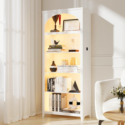 FREDEES Arched Bookcase with LED Lights, 175CM Tall, White