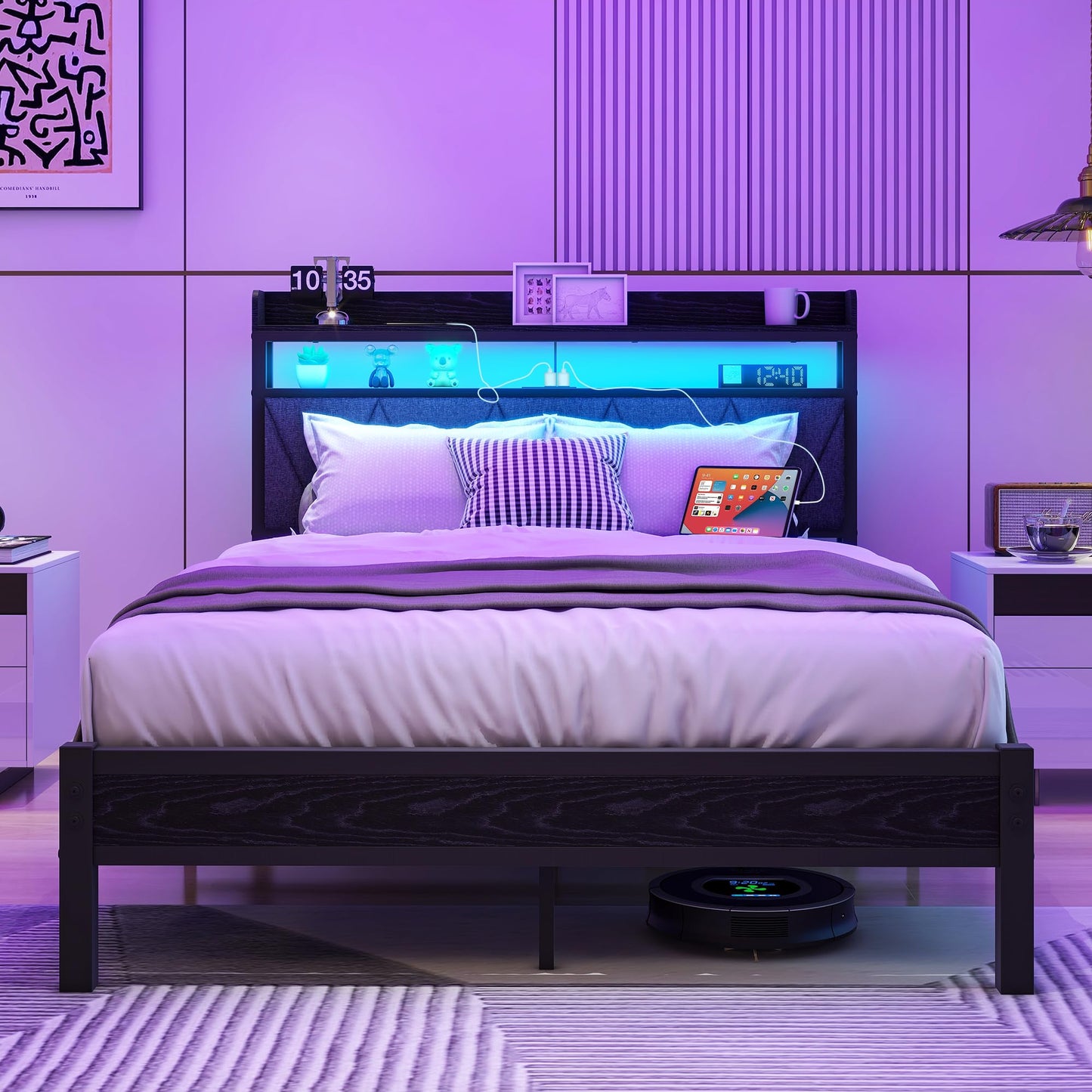 VERFARM 4ft6 Double Size Bed Frame with LED Lights Storage Upholstered Headboard and Charging Station, Solid Metal Platform Bed Double Size