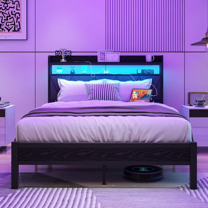 VERFARM 4ft6 Double Size Bed Frame with LED Lights Storage Upholstered Headboard and Charging Station, Solid Metal Platform Bed Double Size