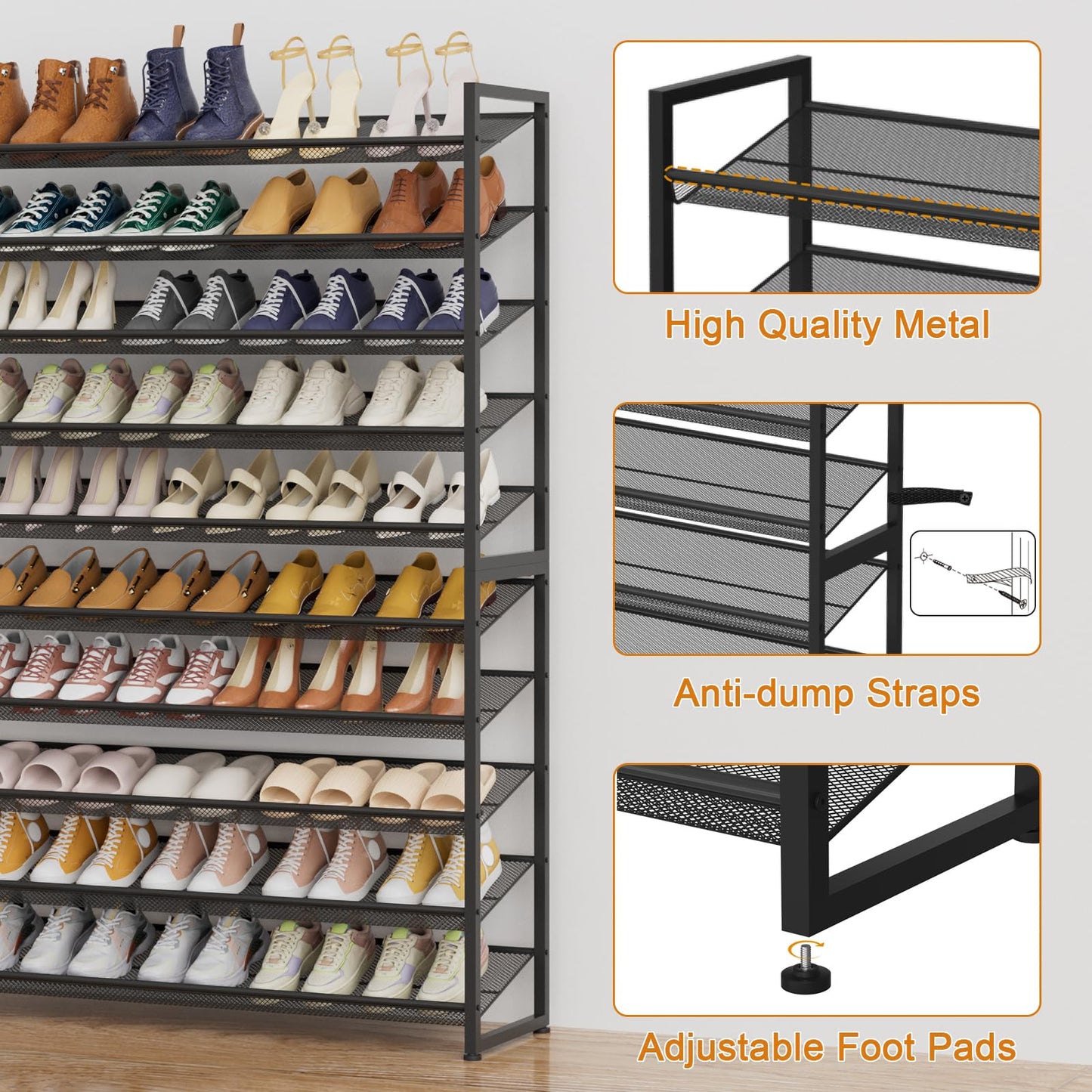 NEYCIL Large Shoe Rack 10 Tier Shoe Organizer, Heavy Duty Metal 5-Tier Stackable Shoe Storage Vertical Shoe Rack for Closet Front Door Entrance
