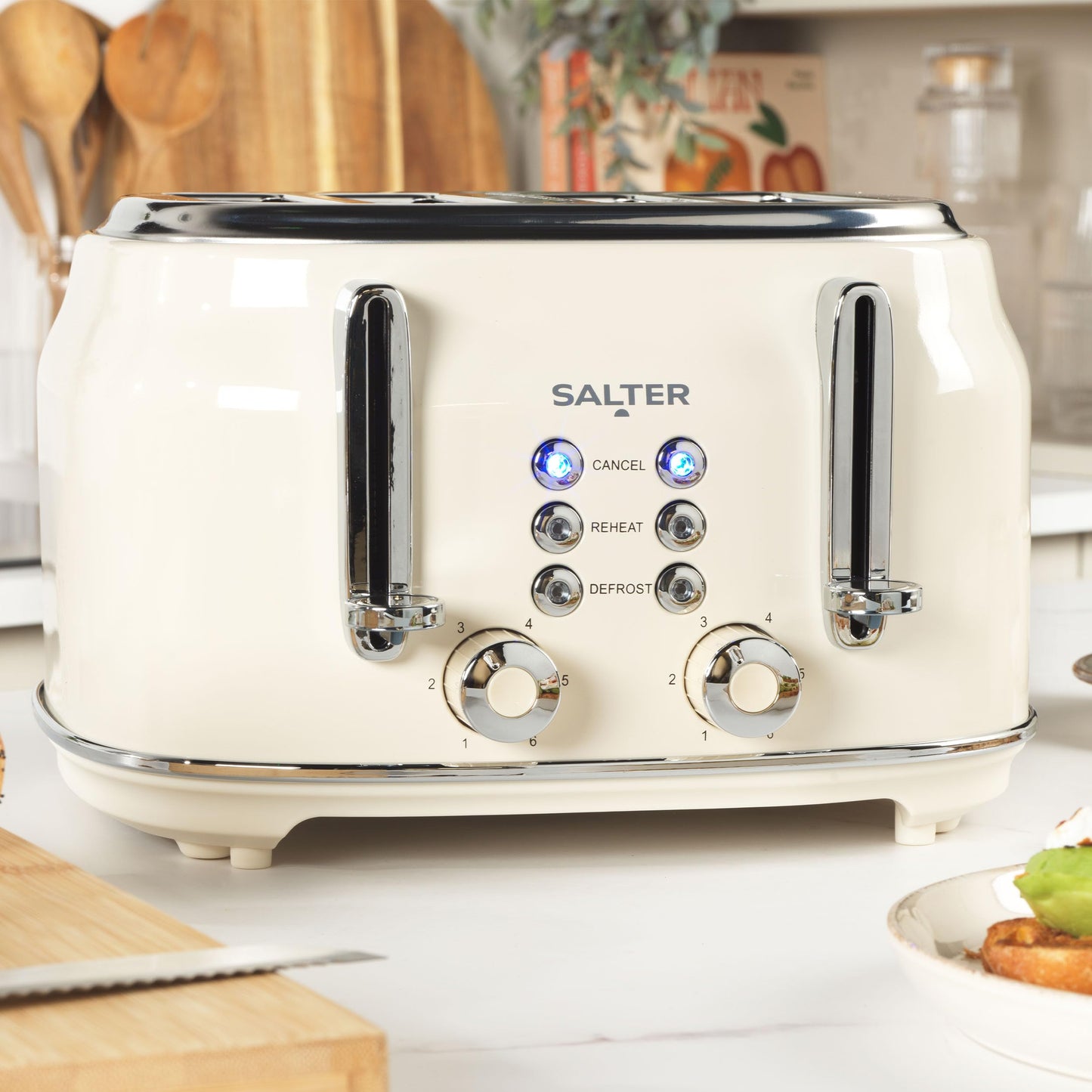 Salter EK5739CRM Retro 4-Slice Toaster  Wide Slots, 6 Browning Levels, Defrost, Reheat, Cancel Functions, Removable Crumb Tray, Extra Thick