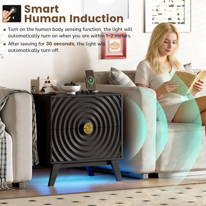 Gurexl Ripple Bedside Tables with 2 Power Outlet,Bedside Cabinet with Human Sensor,LED Nightstand with 3 Color Lights for Bedroom,Living Room,Black