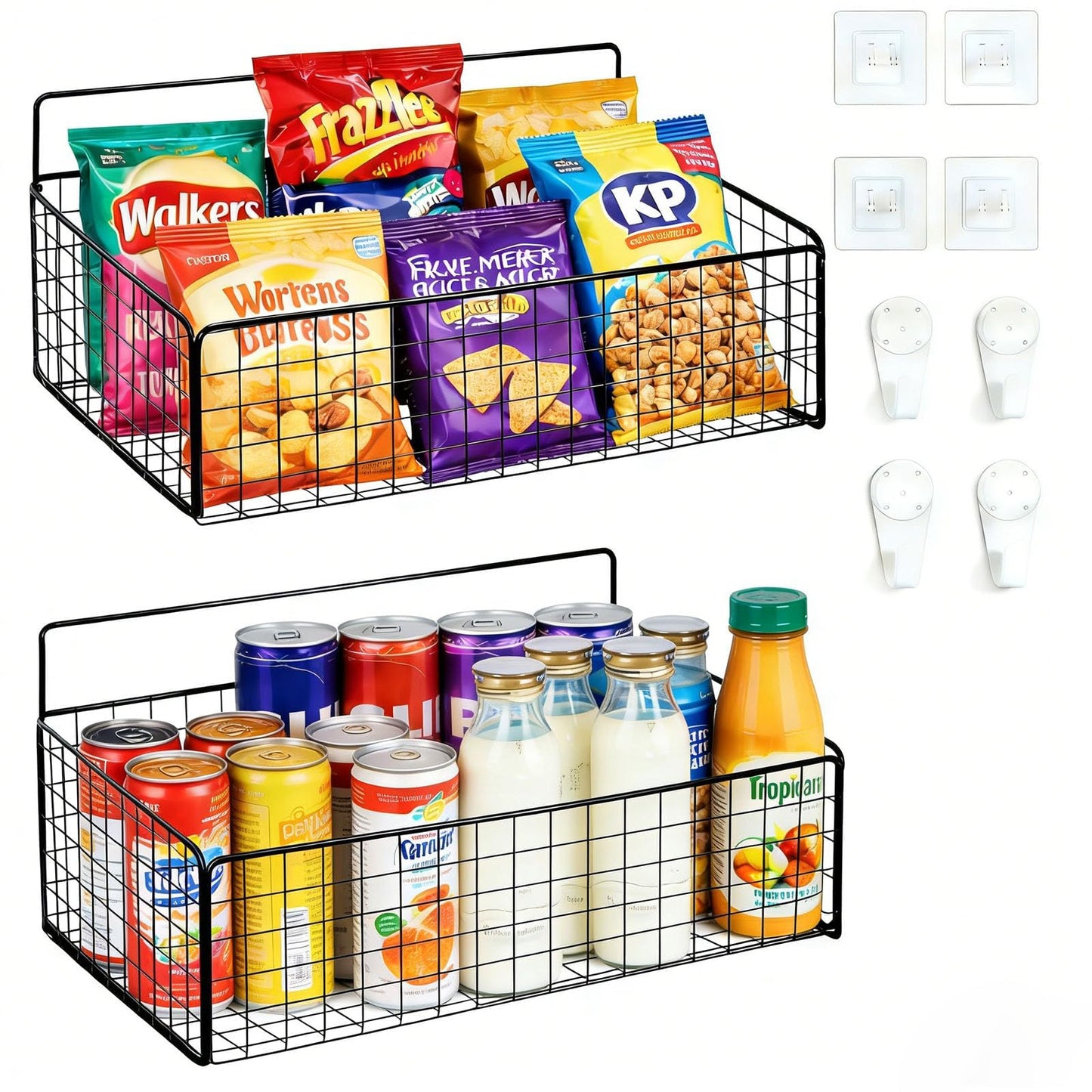 Punorric 2 Pack Snack Storage, Black Metal Wall Storage Baskets with 8 Hooks, No-Drill Snack Organiser for Snacks Cans Bars Chips Candy