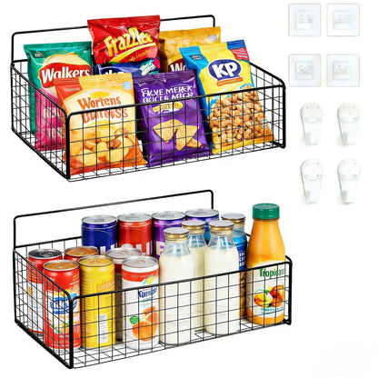 Punorric 2 Pack Snack Storage, Black Metal Wall Storage Baskets with 8 Hooks, No-Drill Snack Organiser for Snacks Cans Bars Chips Candy