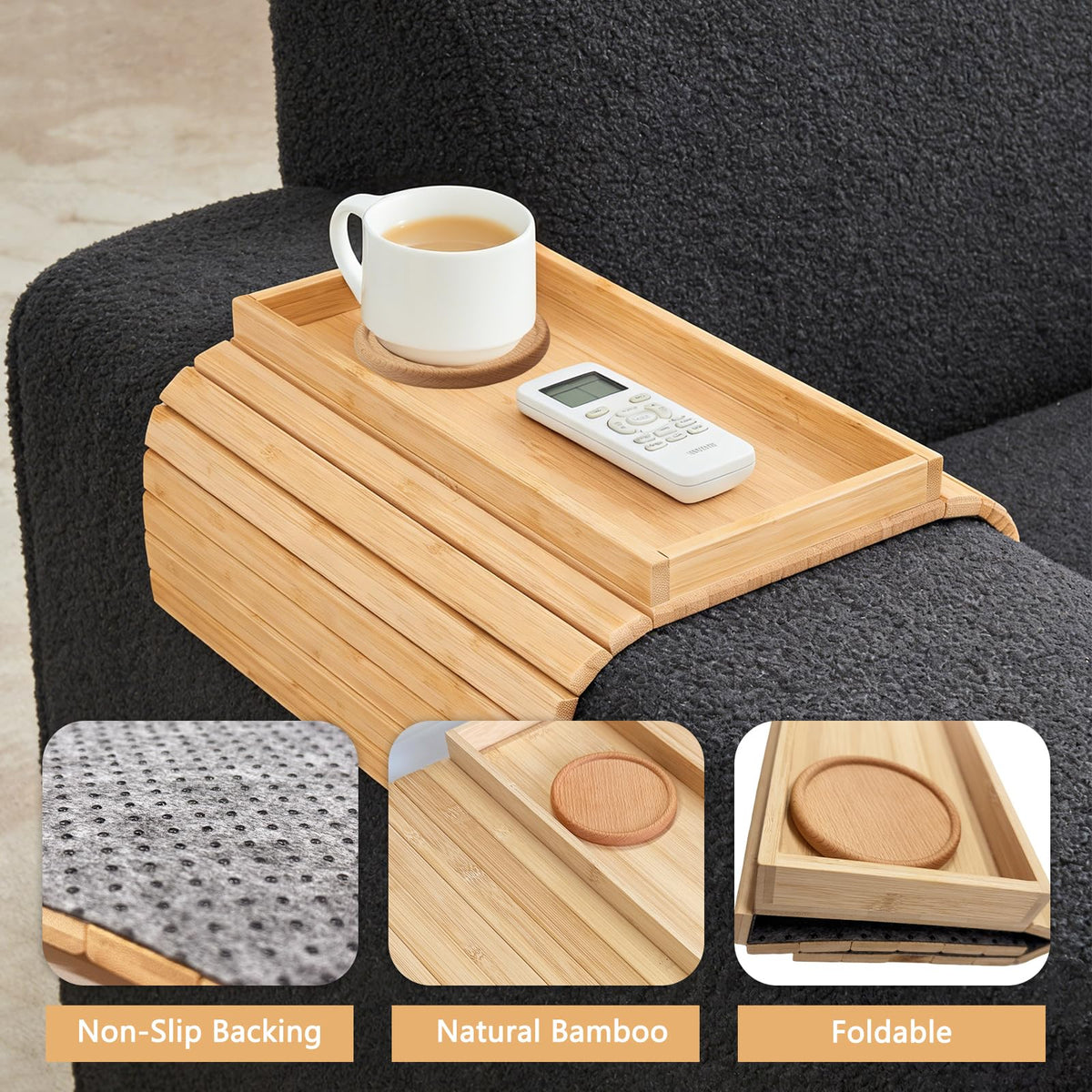 Solid Wood Armrest Tray, Space-Saving Table for Snacks & Drinks, Non-Slip Grooves, Includes 1 Wooden Coaster, Sofa Armrest Organizer