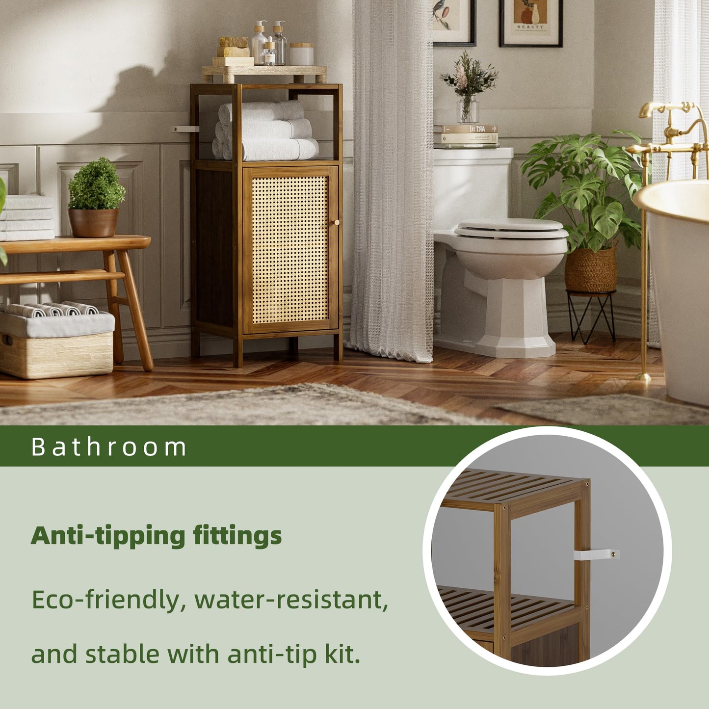 vovala Bamboo Floor Cabinet, Bathroom Storage Organizer Rack with Single Rattan Door and 1 Shelf, Small Wooden Side Cupboard Stand for Entryway