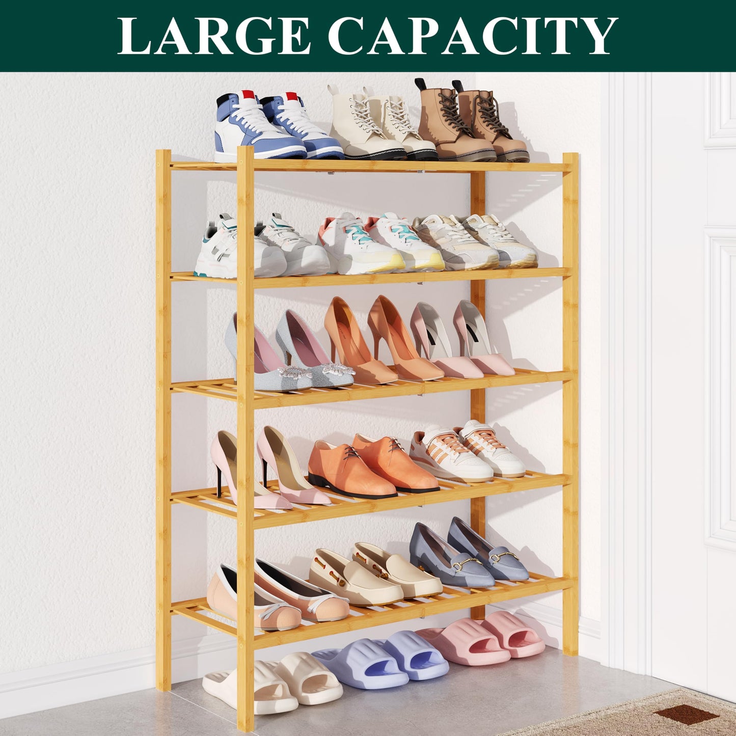 smiry Natural Bamboo Shoe Rack, 5 Tier Wooden Stackable Shoe Storage Organiser, Free Standing Shoes Storage Shelf for Entryway, Hallway, Small Spaces
