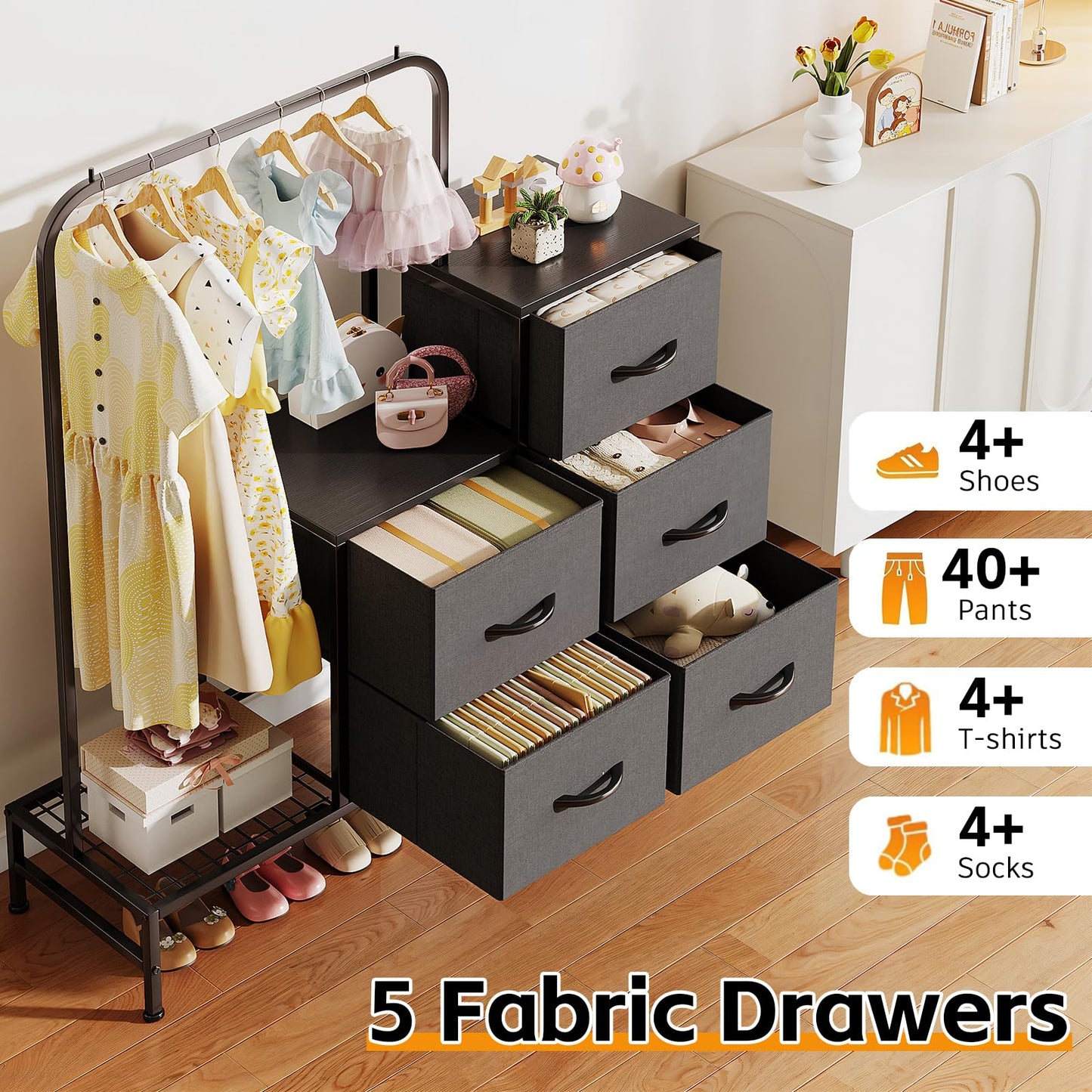 COTUBLR Chest of Drawers Bedroom, Including 4 Fabric Drawers, with a Sturdy Clothes Rail and 2 Coat Hooks